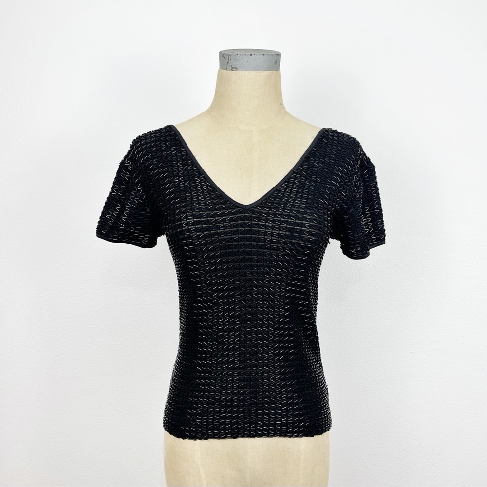 Cache V-Neck Top Black Beaded Sparkling Short Sleeve Blouse